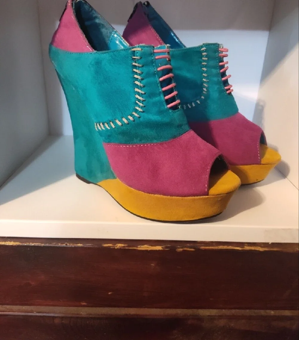 Colorblock faux Suede Wedge Peep Toe Heels in Teal, Magenta & Mustard